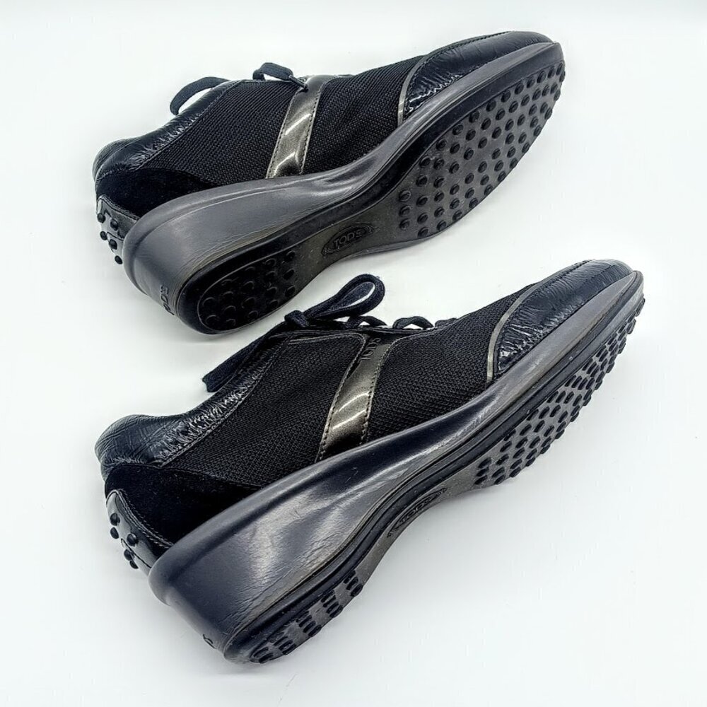 Tod's Black Italian Suede Leather Mesh Wedge Sneakers - Picture 4 of 8